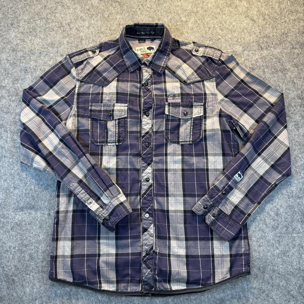 Buffalo David Bitton Shirt Mens Medium Blue Plaid Western Snap Front Long Sleeve